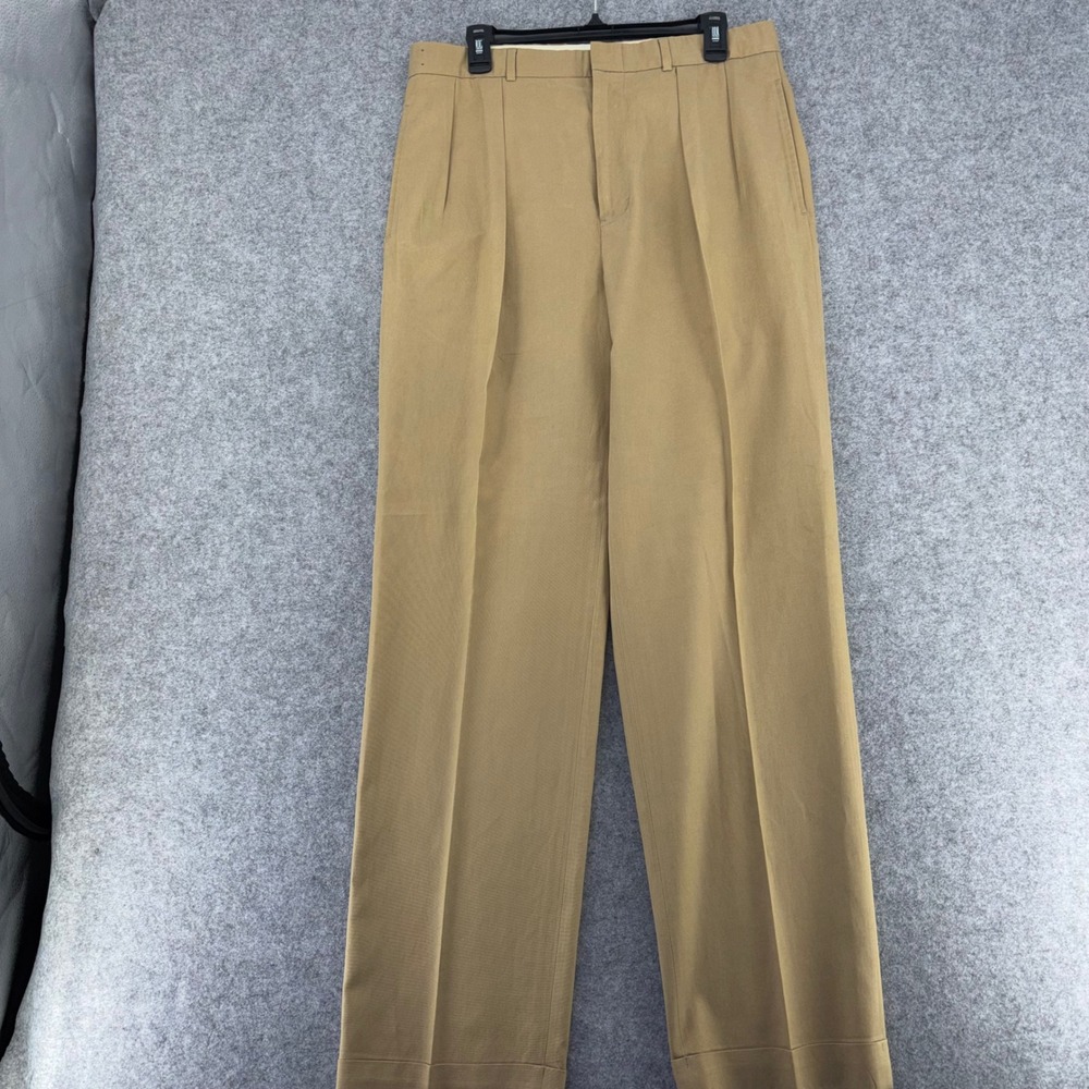 Polo Ralph Lauren Mens 33x34 Tan Silk Cotton Blend Pleated Cuffed Dress Pants
